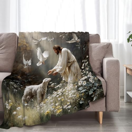 Jesus Lamb Blanket Christian Jesus Soft Cozy Throw Blanket Christ Religious God Super Plush Warm Stuff Lightweight Fleece Flannel Blankets Gifts for Women Girls Kids Adults 80"X60" - color: Green Jesus Lamb, size: 80"x60"