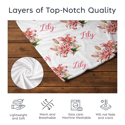 Personalized Floral Name Blanket, Custom Floral Name Design Lily, Soft Nursery Throw, Newborn Birthday Baptism Christening Keepsake - color: #Ver3