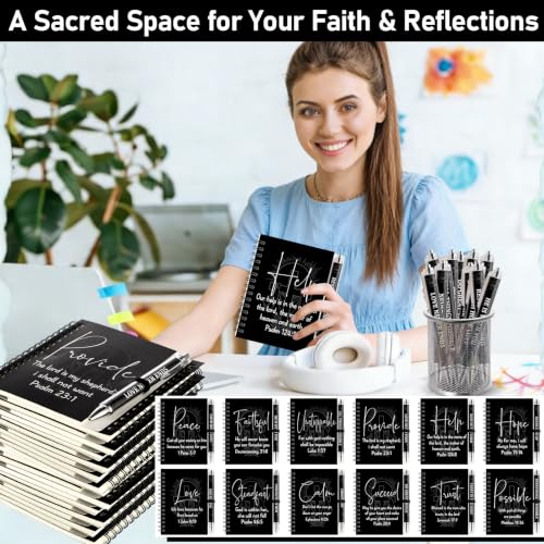 12 Set Christian Spiral Notebooks Bulk with Ballpoint Pen Black Bible Verse Spiral Notebook Ballpoint Pen Christian Gifts Bulk Inspirational Scripture Prayer Notebook Set for Church School Supplies - color: Black Colorful