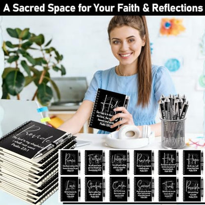 12 Set Christian Spiral Notebooks Bulk with Ballpoint Pen Black Bible Verse Spiral Notebook Ballpoint Pen Christian Gifts Bulk Inspirational Scripture Prayer Notebook Set for Church School Supplies - color: Black Colorful
