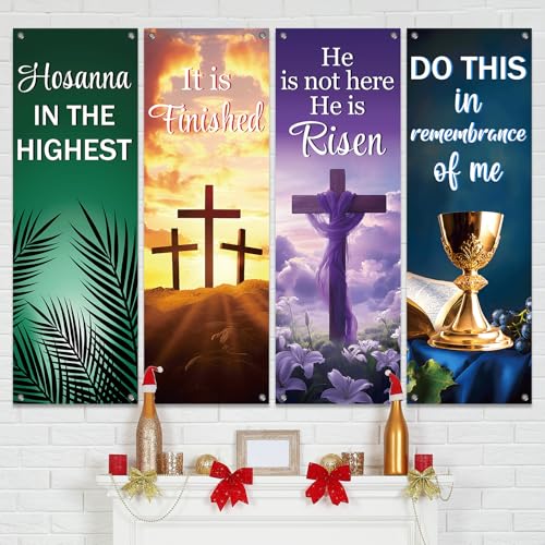 4Pcs Easter Church Banners for Sanctuary Wall Welcome Religious Banners Hanging Backdrop Easter Porch Signs Bible Verses Banner Scripture Hanging Signs for Church School Decor - style: Religious Scripture
