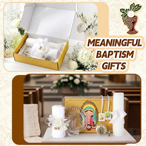 Liliful 7 Pcs Virgen De Guadalupe Baptism Candle Set, Catholic Baptism Gift Candle Towel Shell Rosary Set, Velas para Bautizo Gift for First Communion Baptismal Party Favors