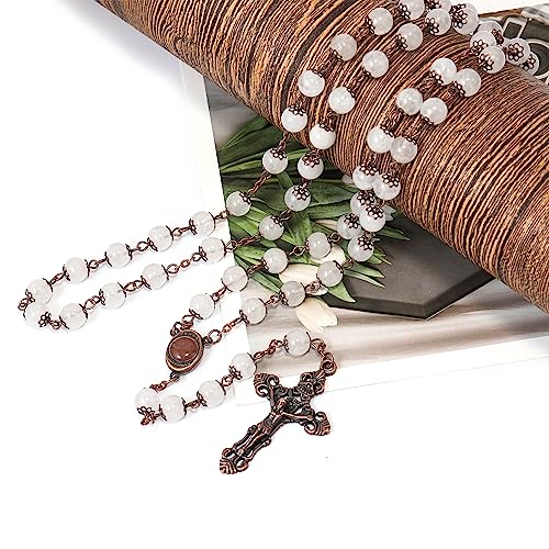 Nazareth Store Natural Stone Beads 8mm Rosary Necklace Antique Copper Design Holy Soil Medal & Cross in Velvet Bag - Catholic Rosaries Terra Santa Jerusalem Collection - color: Clear Agate