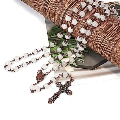 Nazareth Store Natural Stone Beads 8mm Rosary Necklace Antique Copper Design Holy Soil Medal & Cross in Velvet Bag - Catholic Rosaries Terra Santa Jerusalem Collection - color: Clear Agate