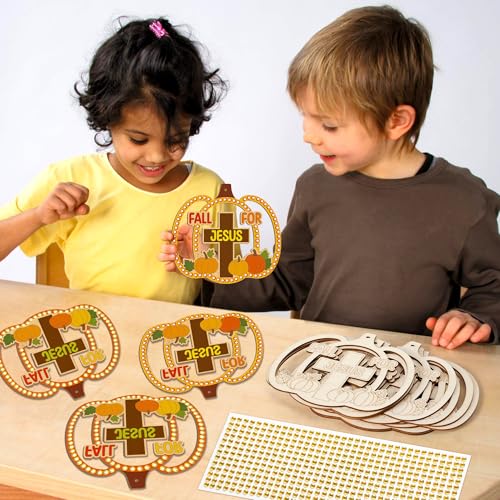 BeYumi Fall Wooden Pumpkin Craft - 20Pcs DIY Wooden Pumpkin Ornaments Craft Kit for Kids Make Your Own Christian Religious Fall for Jesus Craft with Gem Sticker Church Thanksgiving Party Decoration - style: Pumpkin
