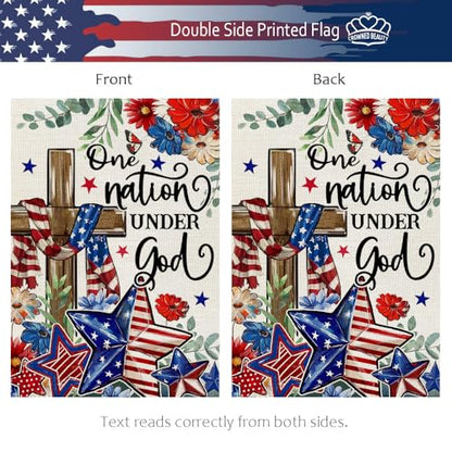 CROWNED BEAUTY 4th of July Garden Flag Patriotic Cross Double Sided 12x18 Inches Small Burlap Holiday Welcome Yard Porch Decoration for Outside CF1829-12