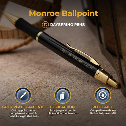 Dayspring Pens Monroe Personalized Ballpoint Pen in Black with Gold Trim - color: Black, style: Customized
