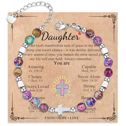 Cross Bracelet for Women Girls, Christian Gifts for Daughter Granddaughter Sister In Christ Friend Niece, Baptism Confirmation First Communion Gifts for Girls - color: Daughter