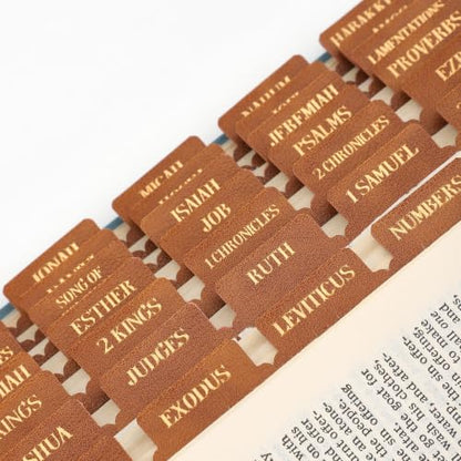 Leather Bible Tabs, Bible Tabs for Women and Men(Gold Foil Lettering) Large Print Stickers, Easy to Read and Apply, 66 Chapters & 14 Blank Labels for Easy Navigation, Bible Study Supplies(Brown) - style: Leather Brown