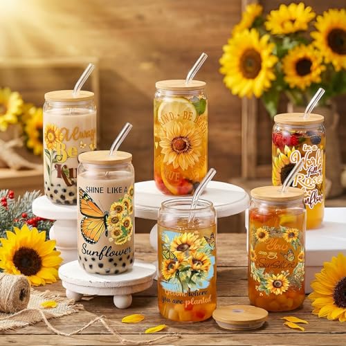 Glass Cups with Lids and Straws, 6Pack, 16oz, Sunflower Christian - style: Sunflower