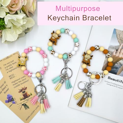 SHINYHARBOR Silicone Beaded Wristlet Keychain Bracelet,Key Wrist Keychains for Women Mom Teachers Best Friend - color: Cow-pink