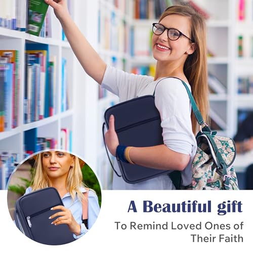 Small Bible Cover Case for Women and Men, 9x6 PU Leather Bible Sleeve, Compact Travel Bible Carrier Bag with Front Pen Holders, Zipper Closure, Inner Pockets - Navy Blue - color: Navy Blue, size: 9''x6.5''
