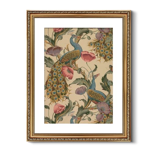 Golden Framed Canvas Wall Art Vintage Peacock, Classic Vine With Poppies Floral Canvas Print Wall Decor, Bird Art Print Wall Hanging 16x20 inch, for Bedroom Bathroom Living Room Decor - color: Peacock, size: 20"L x 16"W