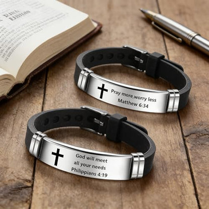 2Pcs Inspirational Quote Cross Bracelets Faith Christian Bible Verse Silicone ID Wristband Religious Bracelet Set Gift for Men Women - style: BR020-2/3