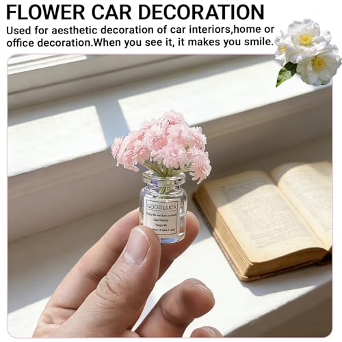 3 PCS Mini Flower Car Dashboard Decor Set, Cute Daisy Cherry Blossom Vase Ornaments, Natural Simulated 3D Vase Arrangement, Universal Rear View Mirror Dashboard Interior Accessories