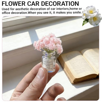 3 PCS Mini Flower Car Dashboard Decor Set, Cute Daisy Cherry Blossom Vase Ornaments, Natural Simulated 3D Vase Arrangement, Universal Rear View Mirror Dashboard Interior Accessories