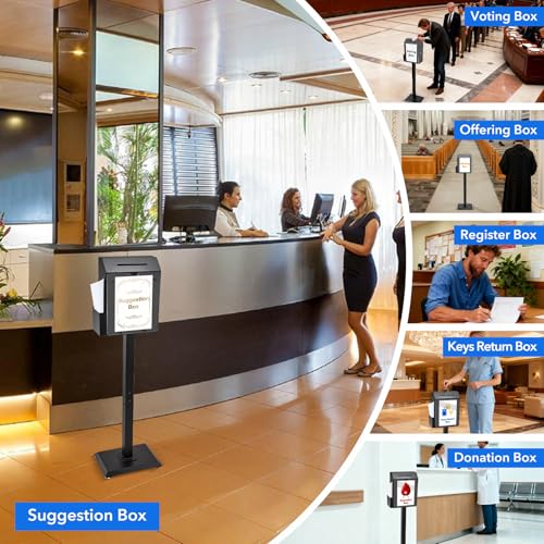 Floor Standing Offering Box, Suggestion Box with Stand, Heavy Duty Metal Locking Ballot Box Collection for Voting Contest Charity Donation Church Election