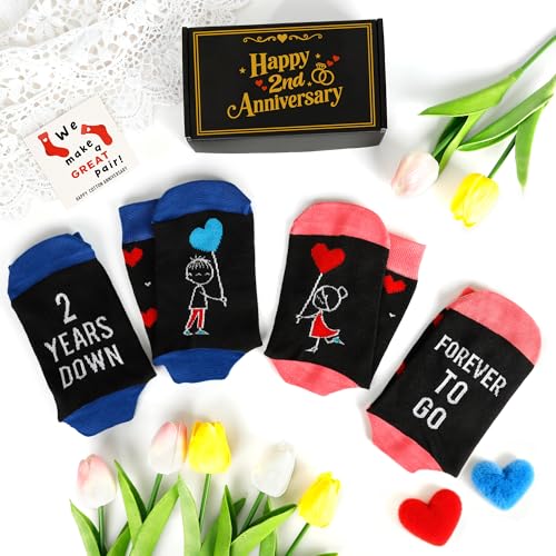 2nd Anniversary Couple Socks Gift – 2 Pairs of Matching Socks, 2 Year Anniversary Card & Gift Box, Cotton Anniversary Set for Couples, Him, Her, Husband, Wife
