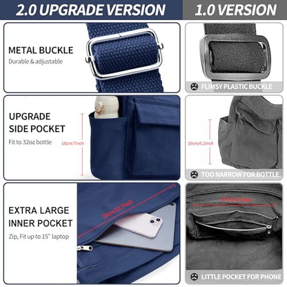 KALIDI Canvas Tote Bag Zipper Large Crossbody Shoulder Bag Messenger Bag - color: Upgraded Deep Blue