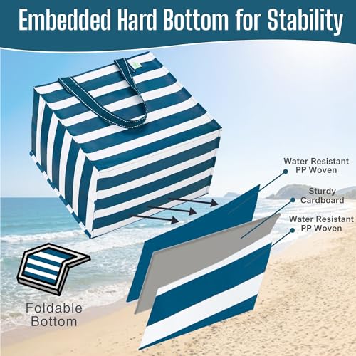 VENO 4 Pack Large Grocery Bag Reusable Shopping Bags with Hard Bottom - color: Classic Navy Stripe