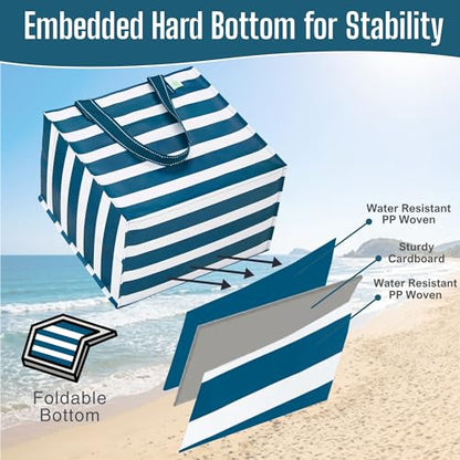VENO 4 Pack Large Grocery Bag Reusable Shopping Bags with Hard Bottom - color: Classic Navy Stripe