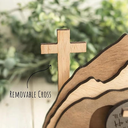 The Empty Tomb Easter Scene and Cross Decoration, He is Risen Decor,Jesus Tomb Tray Bundle Kit, Wooden Easter Jesus Sign Tiered Tray Decorations for The Home, Tabletop, Office (Wood)