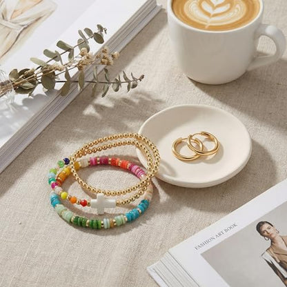 Gold Pearl Beaded Cross Bracelets Stack Set for Women, Boho Handmade Colorful Small Beads Stretchable Jewelry Friendship Summer Trendy Gift. - color: Rainbow Gold White