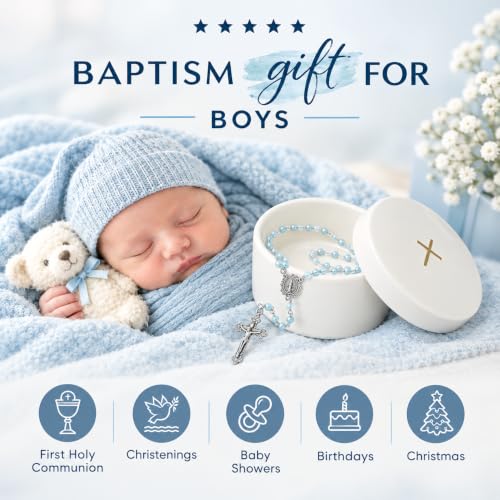 Baptism Gifts for Boys – Blue Rosary with Ceramic Keepsake Box and Card, Blue - color: Light Blue