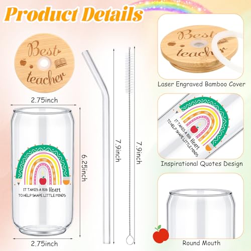 Tioncy 8 Pcs Employee Gifts 16oz Teacher Glass Cups Bamboo Lid Straw - style: Teacher