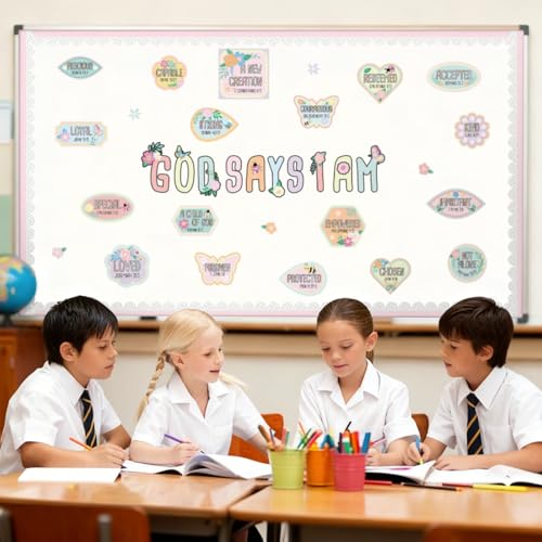 Bucherry Christian Bulletin Board Decorations Wildflowers Classroom Decor for Welcome Back God Says I Am Cutout Pastel Floral Inspirational Religious Board Sunday School Classroom Church Supplies - style: Pastel Floral