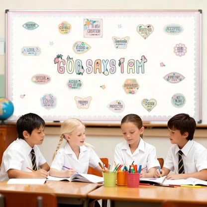 Bucherry Christian Bulletin Board Decorations Wildflowers Classroom Decor for Welcome Back God Says I Am Cutout Pastel Floral Inspirational Religious Board Sunday School Classroom Church Supplies - style: Pastel Floral