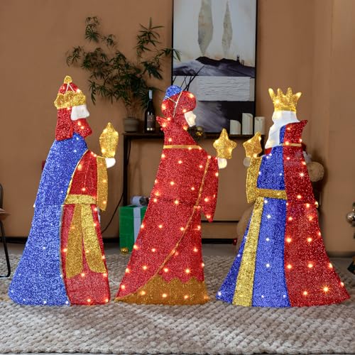 Karl home Set of 3 Lighted Three Kings with Gifts Christmas Decorations, Pre-lit 2D Holiday Decor with 80 Warm White LED Lights for Xmas Outdoor Indoor Decor Lighted Holiday Displays - style: Nativity Scene-King Sends Gifts