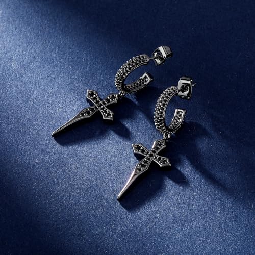 TOPGRILLZ Cross Hoop Dangle Earrings 925 Sterling Silver 5A+ Cubic Zirconia 14K Gold Hypoallergenic Cross Hoop Cuff Huggie Drop Earrings For Men Women - color: Black Cross Stud