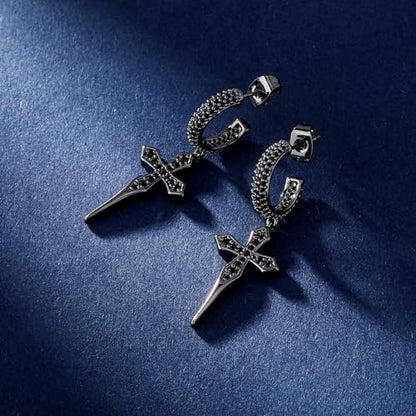 TOPGRILLZ Cross Hoop Dangle Earrings 925 Sterling Silver 5A+ Cubic Zirconia 14K Gold Hypoallergenic Cross Hoop Cuff Huggie Drop Earrings For Men Women - color: Black Cross Stud