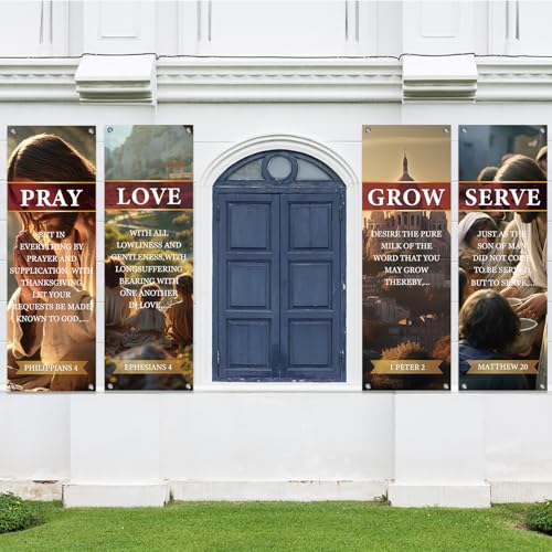 4Pcs Spring Church Banners for Sanctuary Wall Welcome Religious Banner Hanging Backdrop Yellow Serve Grow Love Pray Signs Bible Verses Scripture Church Hanging Signs for Sunday School Decor - style: Serve Grow Love Pray