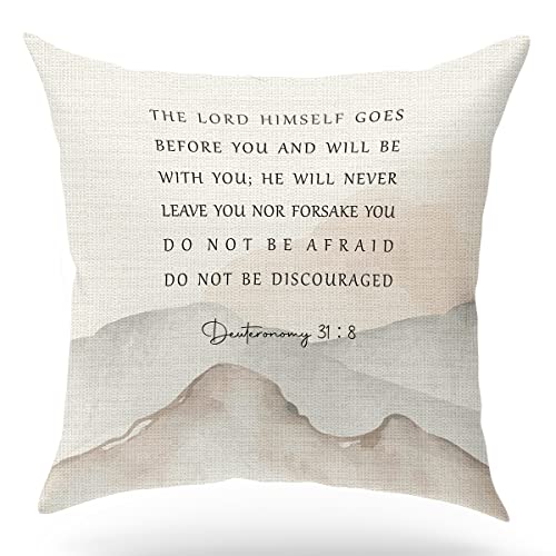 KongMoTree Bible Verse Pillow Cover, Deuteronomy 31:8, Scripture Art Pillow Case for Farmhouse Home Office Bedroom Living Room Porch Decoration, Christian Religious Gift Church Gifts, 18x18 Inches - color: Deuteronomy 31:8