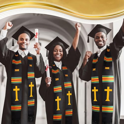 Geyoga Graduation Stole Kente Stole Black Authentic African Art 72" x 4.8" for Adult College Unisex Grads Celebrate - style: Christian Cross