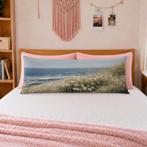 Floral Coastal Beach 20x54 Body Pillow Cover, Cottagecore Home Decor, Nautical Seaside Daisy Ocean Wildflower Decorative Long Body Pillow Cases for Beach House Cabin Bed Couch - color: Nature-11