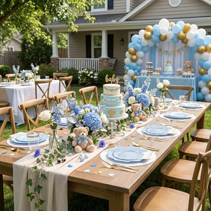 WDF 175Pcs Blue Plastic Plates - Heavy Duty Baby Blue Plates Disposable - 25Guests Plastic Dinnerware Ideal for Parties/Wedding/Baby Shower/Hanukkah - color: Bule and Gold, size: 175 pieces