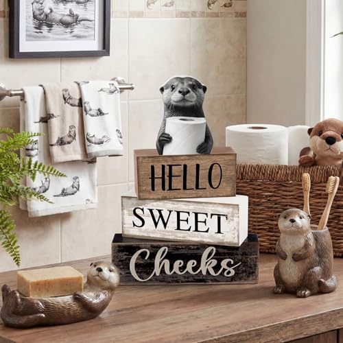 Moucuny 4 Pcs Otter Bathroom Decor Wooden Block Signs Hello Sweet Cheeks - style: Bathroom Otter