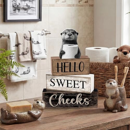 Moucuny 4 Pcs Otter Bathroom Decor Wooden Block Signs Hello Sweet Cheeks - style: Bathroom Otter