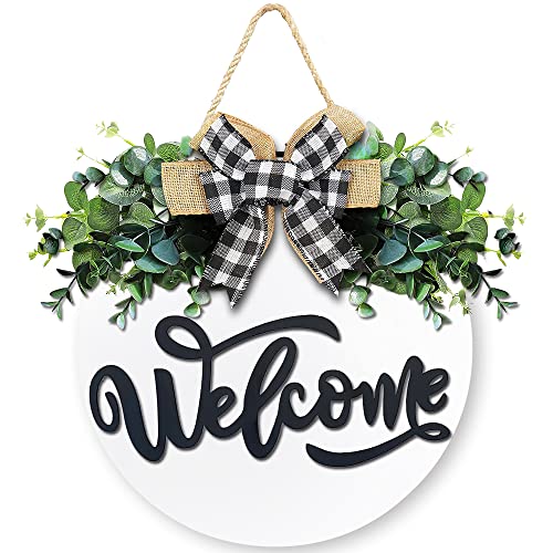 White Welcome Sign for Front Door, 12 Inch Round Wood Wreath