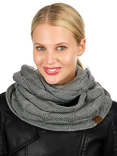 C.C Women's Winter Cable Knit Sherpa Lined Warm Infinity Pullover Scarf - color: Light Melange Grey