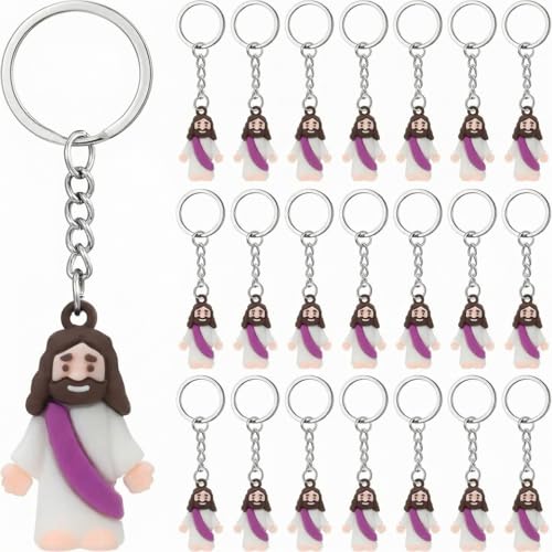 Sumind 24 Pcs Jesus Figurine Christian Keychain Religious Keychain Bulk Classic Christian Rings for Christ(White Skin Classic,Purple) - color: Purple, style: White Skin Classic
