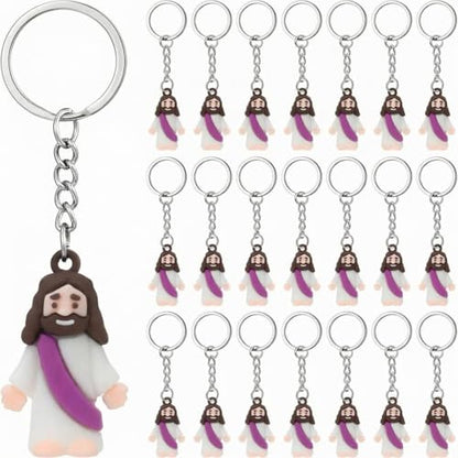 Sumind 24 Pcs Jesus Figurine Christian Keychain Religious Keychain Bulk Classic Christian Rings for Christ(White Skin Classic,Purple) - color: Purple, style: White Skin Classic
