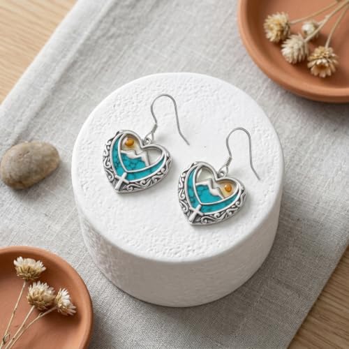 AOBOCO 925 Silver Mustard Seed Cross Heart Dangle Drop Earrings Women - color: Silver-Turquoise