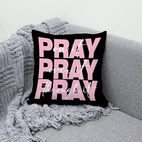 Pink and Black Christian Decorative Throw Pillow Covers, Bible Verse Scripture Pillows Covers, Pray on It Over It Through It Pillow Cases Decor for Prayer Room Dorm Couch Bedroom 18x18in - color: Black&pink
