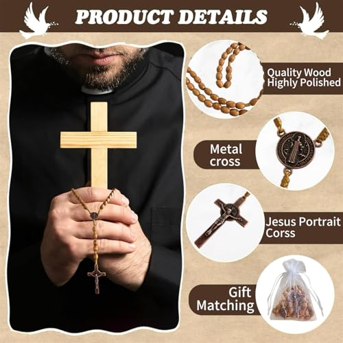 Bovemee Saint Benedict Medal Prayer Pocket Rosary Catholic Brown Wood Beads with Medalla de san benitol and Crucifix, 9 Inch - color: 12PCS Yellow Benedict NK