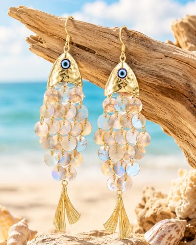 Boho Gold Fish Earrings for Women Trendy Shell Scale Dangle Earrings Statement Fish Seashell Drop Ear-rings Summer Beach Vacation Jewelry Accessories