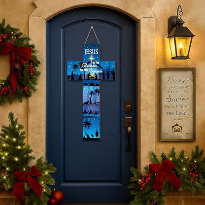Meooeck 27.5" Easter Cross Sign, Wooden He is Risen Hanging Front Door - style: Style A